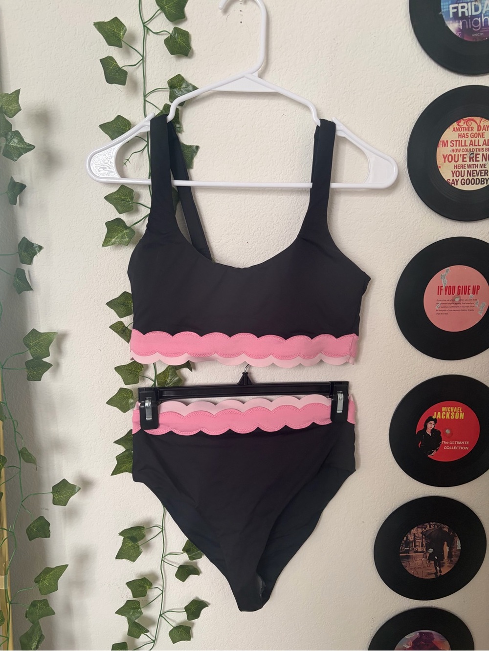 Beach Riot Black Bikini Set with Pink Scallop Trim